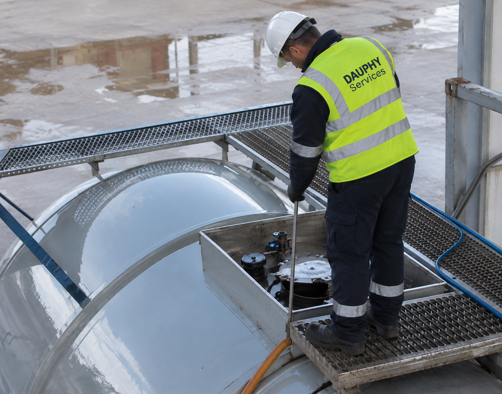 Technicien Dauphy Services intervenant sur une citerne à hydrocarbures lors d’une opération de maintenance.